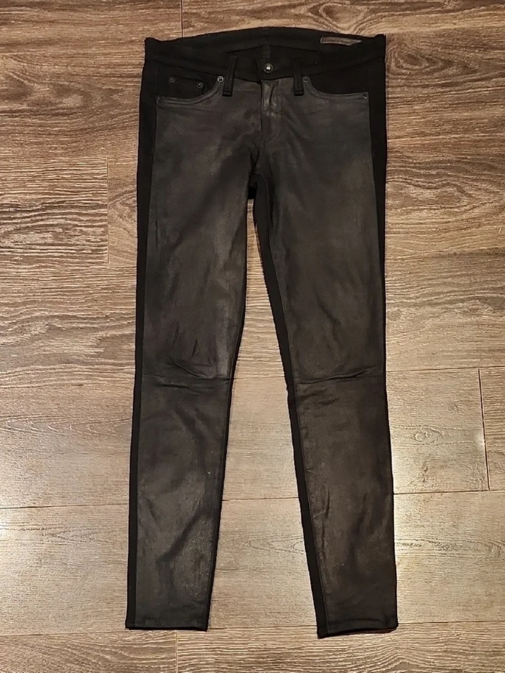 Rag & Bone HYDE Black Leather-Front Skinny Jeans with Denim Back